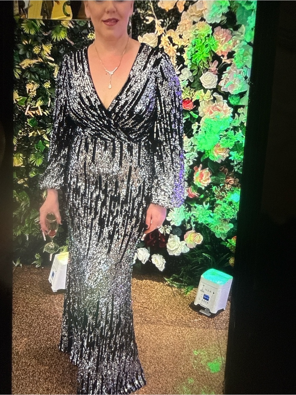 Sequined Black & Silver Maxi Dress with V-Neck